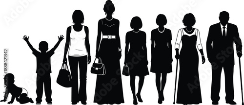Black silhouettes of human life cycle from baby to elderly people for demographics, aging, growth, family, and medical research projects