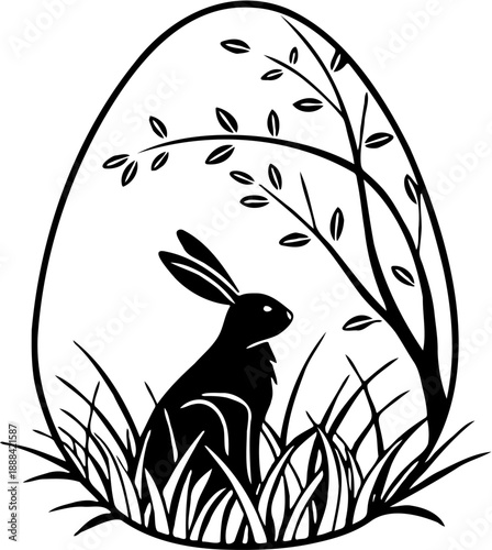 Easter Bunny and Decorative Egg Silhouette Line Art Illustration