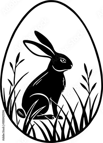 Easter Bunny and Decorative Egg Silhouette Line Art Illustration