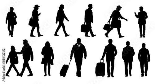 Diverse Crowd Silhouettes of Business People Walking with Luggage and Bags