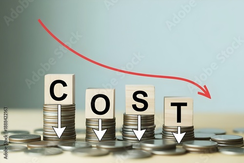Decreasing business costs concept with coins and blocks