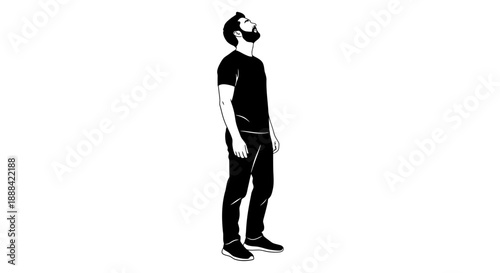 Silhouette of a man with beard, wearing a t-shirt and jeans, looking upwards.