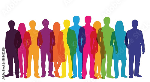Diverse Group of People in Rainbow Silhouettes Standing Together in Unity