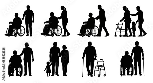 Diverse Human Silhouettes in Assistive Scenarios, Showing Care and Support