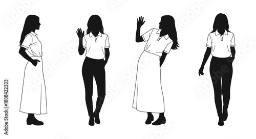 Diverse Female Silhouettes Posing: Standing, Waving, and Walking in Casual Outfits