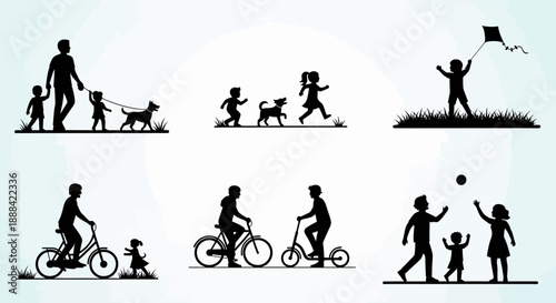 Diverse Family and Pet Silhouettes Engaged in Outdoor Activities