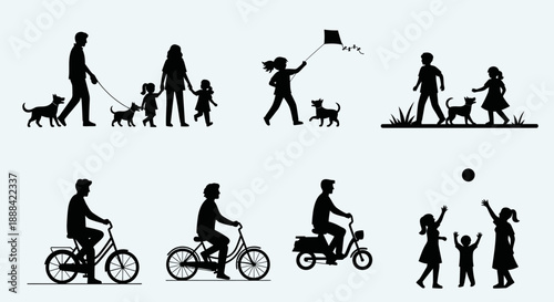 Silhouettes of families and pets enjoying various outdoor and leisure activities
