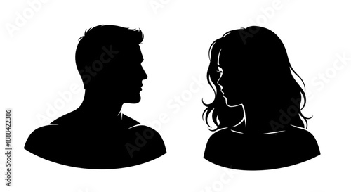 Couple Silhouette Profile Portraits Facing Each Other, Representing Love, Partnership, or