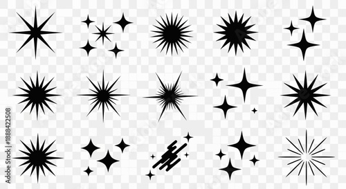 Collection of Black Starbursts and Sparkles Icons on Transparent Background