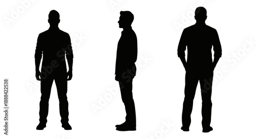 Full Body Silhouette of a Man in Three Poses: Front, Side, and Back Views