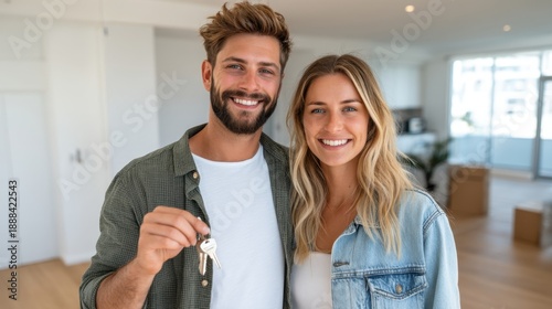 Young couple smiling and holding house keys inside a modern apartment with wooden flooring and moving boxes in the background, showcasing a new home
