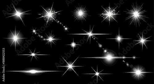 Collection of White Starbursts and Lens Flares on Black Background