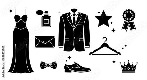 Elegant Black Formal Attire Icons: Gown, Suit, Shoes, Accessories, and Awards