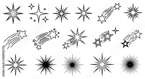 Collection of Star Icons and Shooting Stars, Twinkling Stars, Sparkle and Shine Symbols