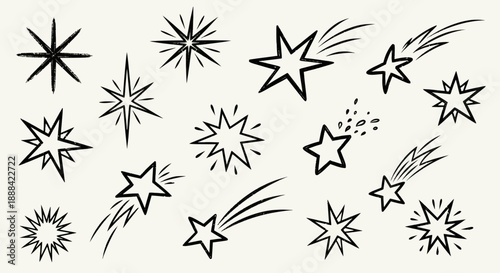 Collection of Hand Drawn Star Icons and Shooting Stars, Black Doodle Art on White Background