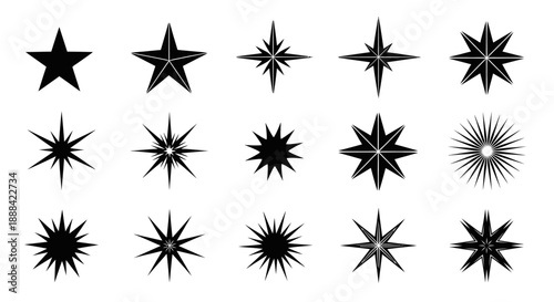Collection of Diverse Star Shapes and Designs, Black Silhouettes on White Background