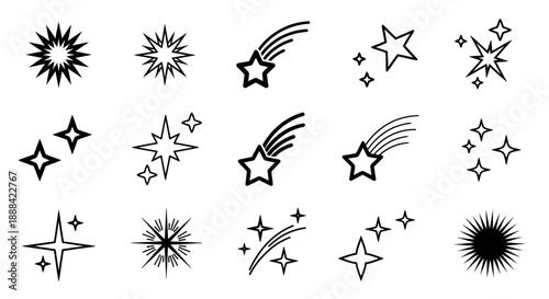 Collection of Diverse Star and Sparkle Icons, Symbols, and Embellishments for Design