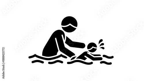 Adult teaching child to swim in water icon.
