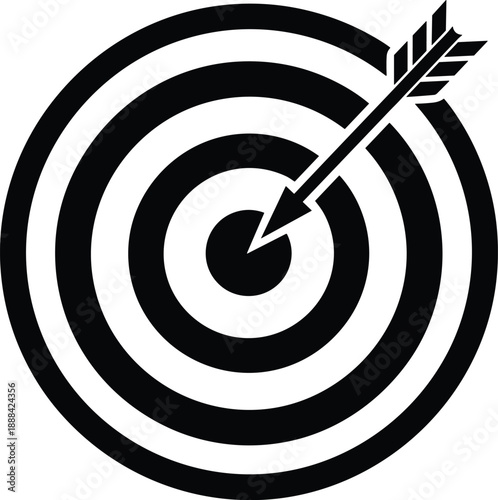Black vector silhouette of a circular archery target with an arrow hitting the bullseye for business success achievement goals and marketing strategy design