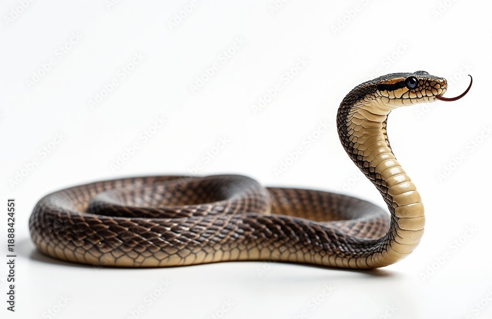 Obraz premium Javan spitting cobra snake raises head with forked tongue flicking. Reptile coiled body on white background. Dangerous wild animal portrait isolated. Reptilian creature ready to strike.