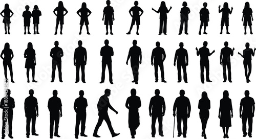 Black vector silhouette set of diverse people including children adults and seniors standing in various poses for community society and demographic population design