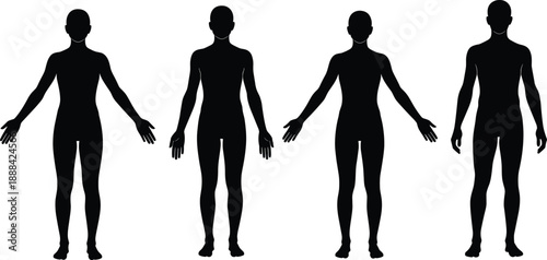 Black vector silhouette set of four male and female human figures standing in anatomical position for medical health fitness and body representation design
