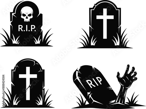 Black vector silhouette set of four spooky graveyard tombstones with crosses skull RIP text and a zombie hand rising for Halloween holiday design