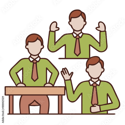 Large set of handsome business man in formal clothes. Different poses and various gestures male character standing and sitting at the desk isolated vector .
