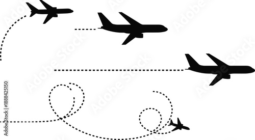 Black vector silhouettes of four commercial airplanes flying with dotted line flight paths showing different routes for travel aviation logistics and transportation design