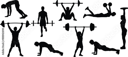 Silhouettes of diverse strength training exercises including barbell lifts, dumbbell presses, squats, push-ups, and planks for fitness, gym, and workout illustrations.
