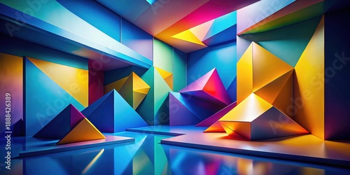 Abstract Geometric Forms in Vibrant Hues A Modern Composition of Interlocking Polygons and Prisms Featuring a Reflective Surface and Dynamic Lighting