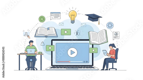 Online Education Vector with Students Studying on Laptops and Educational Icons on Transparent Background – Perfect for E-learning Platforms and Digital School Websites
