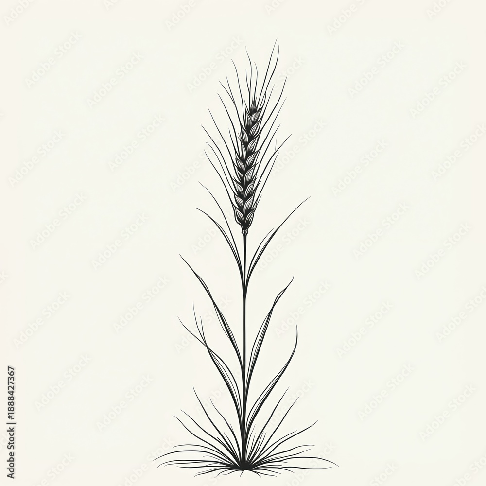 Fototapeta premium Minimalist outline of a single oat spikelet with thin stalk and leaves against off white background. Simple graphic, elegant botanical line art for natural food or agriculture concepts.