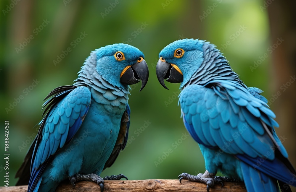 Obraz premium Two bright blue hyacinth macaws sit close together on a tree branch. Their large black beaks and yellow facial skin are prominent. These exotic birds have vibrant feathers and intense eyes.