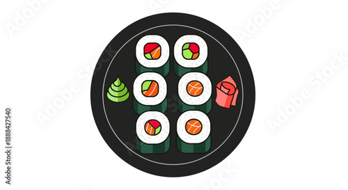 Flat vector illustration of various maki sushi rolls on a black plate.