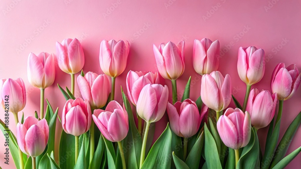 Fototapeta premium Delicate Pink Tulips Arranged in a Row Against a Soft Pink Background, Creating a Romantic and Elegant Floral Display Perfect for Springtime Celebrations and Festive Occasions