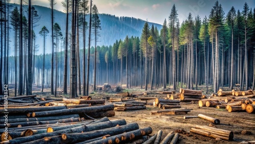 A Serene Forest Landscape Transformed  Rows of felled timber contrast with the standing trees, creating a poignant scene of resource extraction and environmental impact.