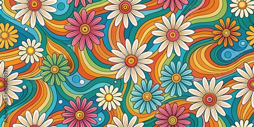 Vibrant Floral Design with Retro Swirling Lines and Multicolored Petals Perfect for Textile Prints and Decorative Applications