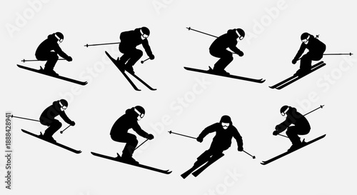 Silhouette Skiers in Various Dynamic Poses on Snowy Slopes, Action Sports Illustration