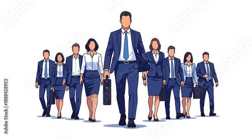 Confident Business Leader with Diverse Team Walking Forward Together in Business Attire