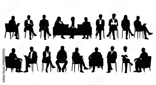 Diverse Group of Silhouetted People Sitting in Chairs and on Sofas