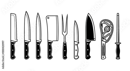 Collection of Kitchen Knives and Utensils Vector Icons on White Background