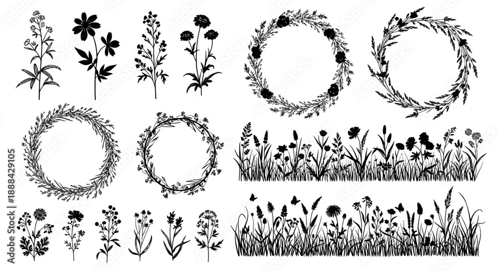 Obraz premium Collection of Silhouettes of Wildflowers, Herbs and Floral Wreaths on White