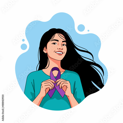 Woman holding purple ribbon for epilepsy awareness.
