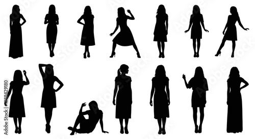 Collection of Elegant Female Silhouettes in Various Poses and Outfits