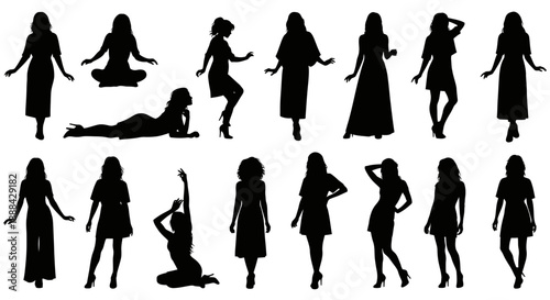 Diverse Collection of Female Silhouettes in Various Poses and Attire