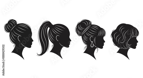 Diverse Collection of Female Silhouette Hairstyles in Black and White Vector Art