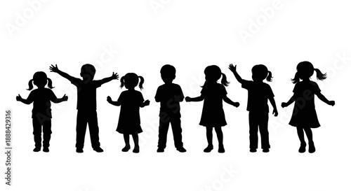 Diverse Group of Children Silhouettes with Raised Arms on White Background