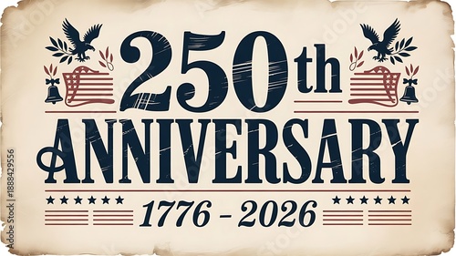 Vintage 250th anniversary USA commemorative poster inspired by 18th-century American heritage. Bold serif typography with slightly distressed ink texture. “250th Anniversary,created with generative ai