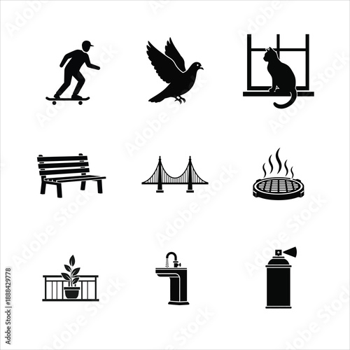 Diverse collection of black silhouette icons representing various everyday objects, animals, and activities
